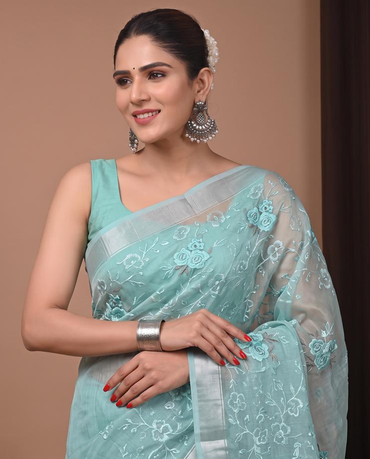 Light Green Munga Fall Embroidery Saree