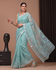 Light Green Munga Fall Embroidery Saree