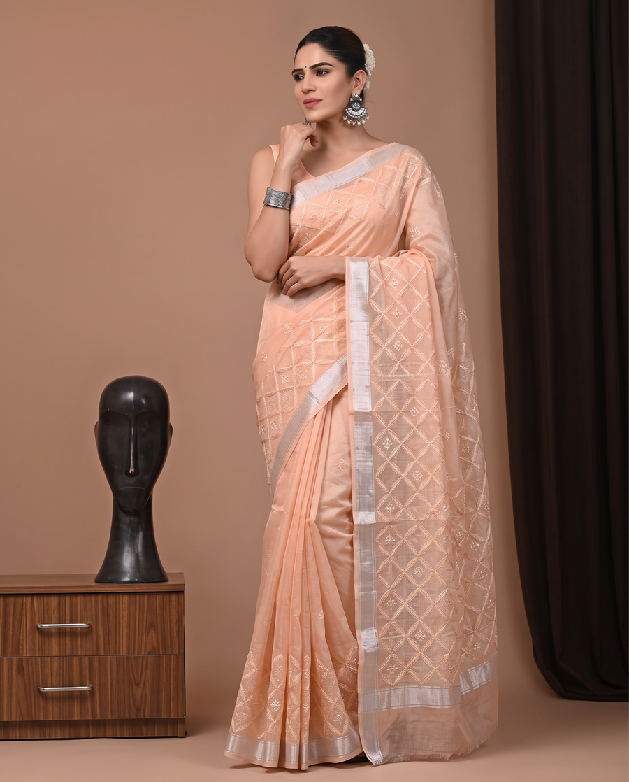 Light Orange Munga Kota Fancy Embroidery Saree