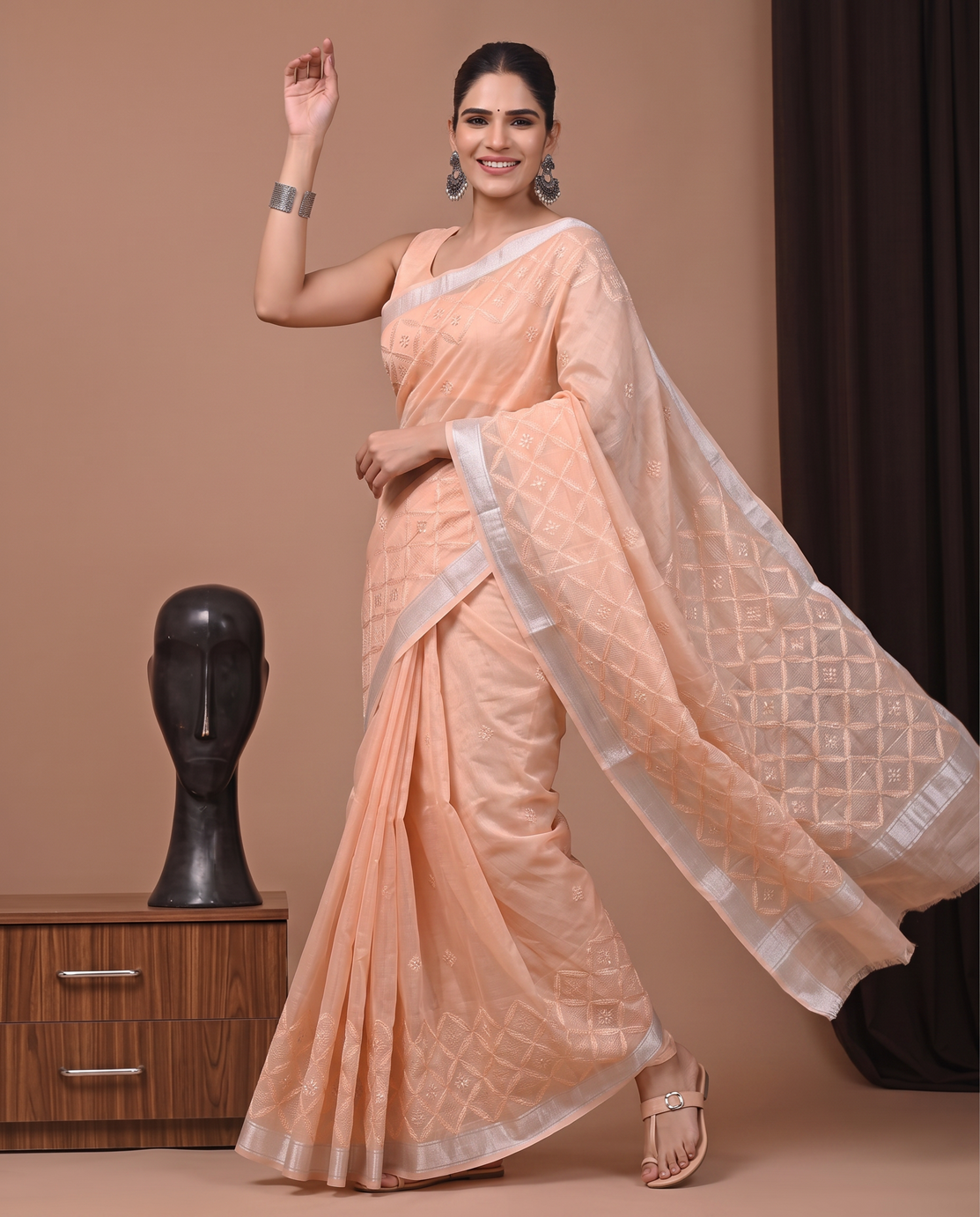 Light Orange Munga Kota Fancy Embroidery Saree