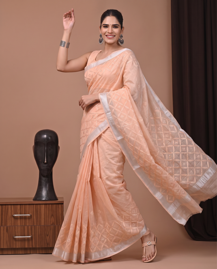 Light Orange Munga Fall Embroidery Saree
