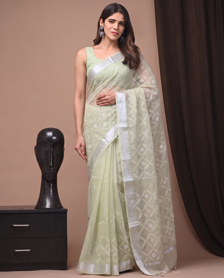 Light Pista Green Munga Fall Embroidery Saree
