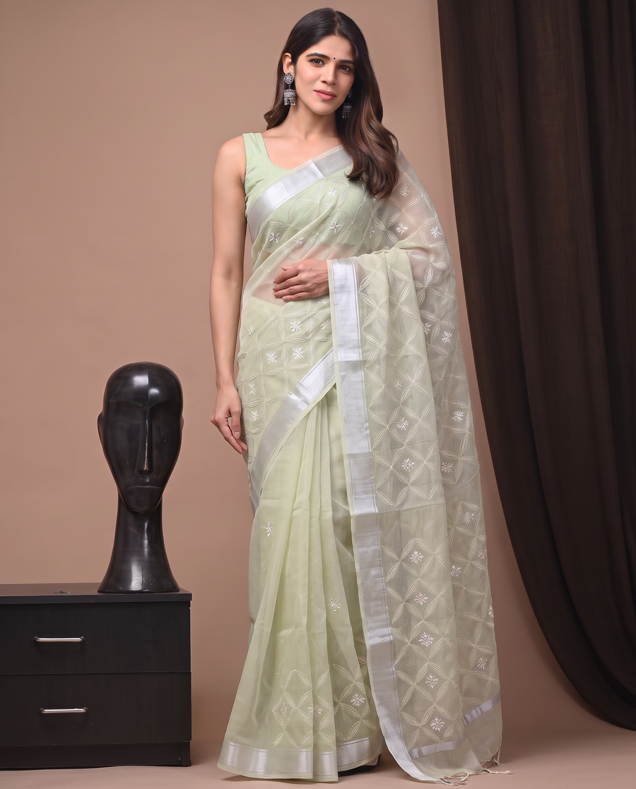 Light Pista Green Munga Fall Embroidery Saree