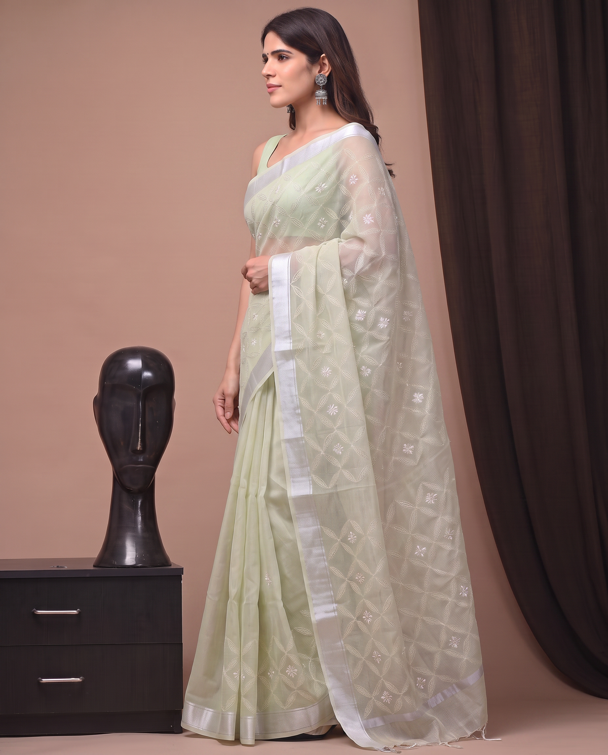 Light Pista Green Munga Fall Embroidery Saree