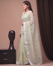 Light Pista Green Munga Fall Embroidery Saree