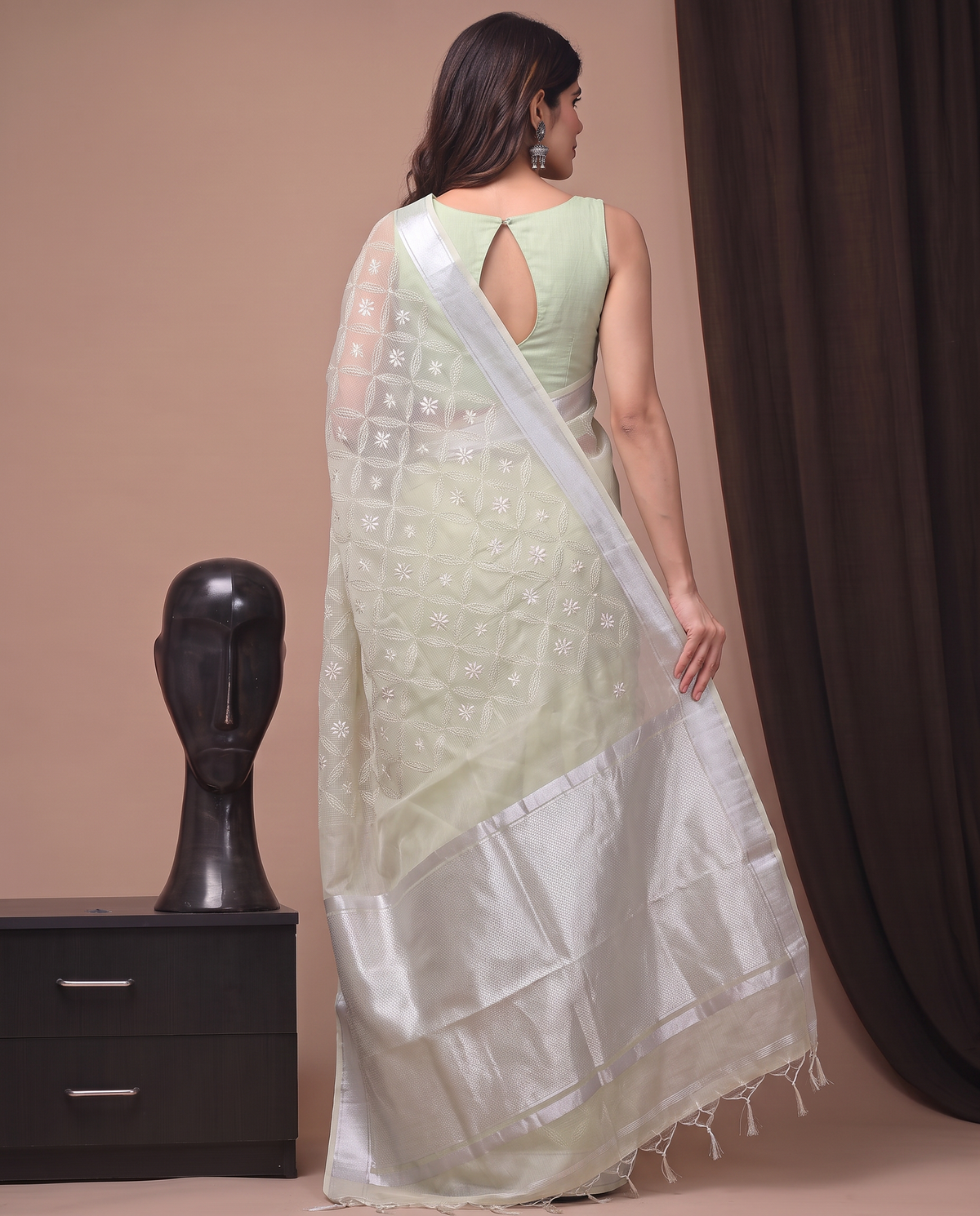 Light Pista Green Munga Fall Embroidery Saree