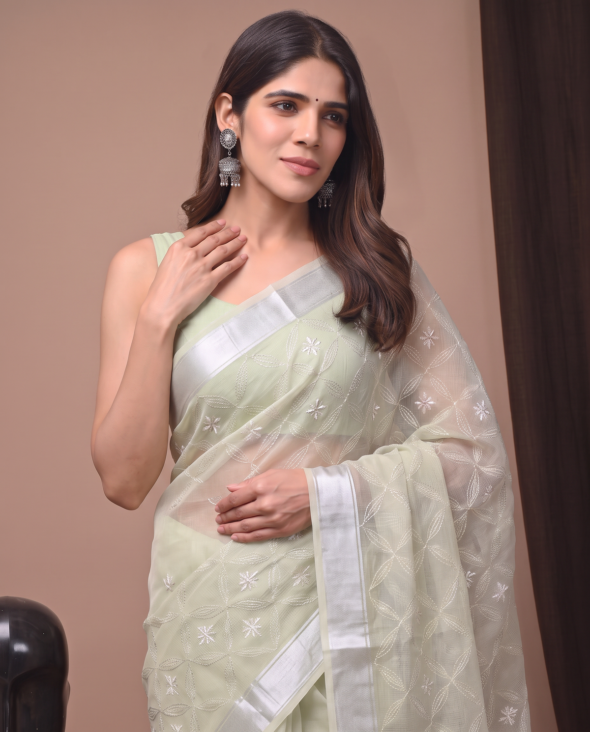 Light Pista Green Munga Fall Embroidery Saree