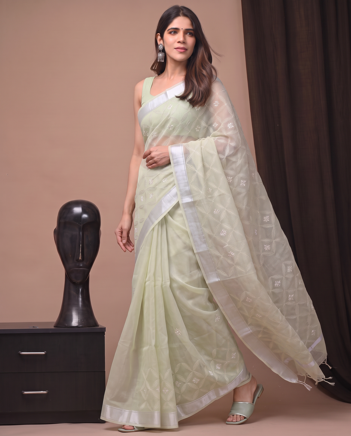 Light Pista Green Munga Fall Embroidery Saree