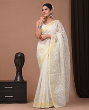 White Munga Tassel Cut Embroidery Saree with Elegant Floral Embroidery