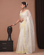 White Munga Tassel Cut Embroidery Saree with Elegant Floral Embroidery
