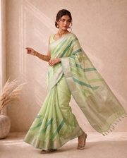 Green Linen Hand dye With Embroidery Saree