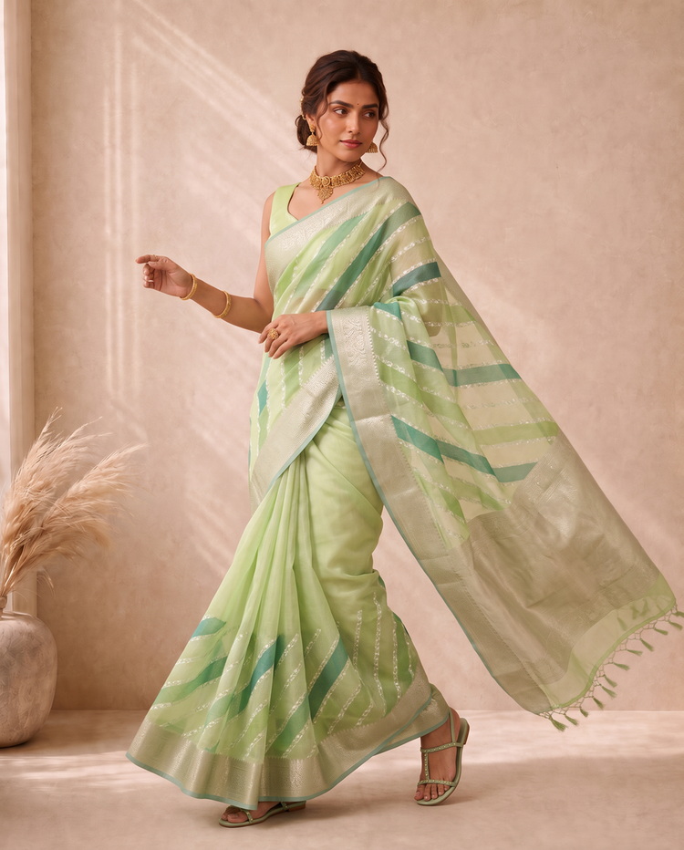 Green Linen Hand dye With Embroidery Saree