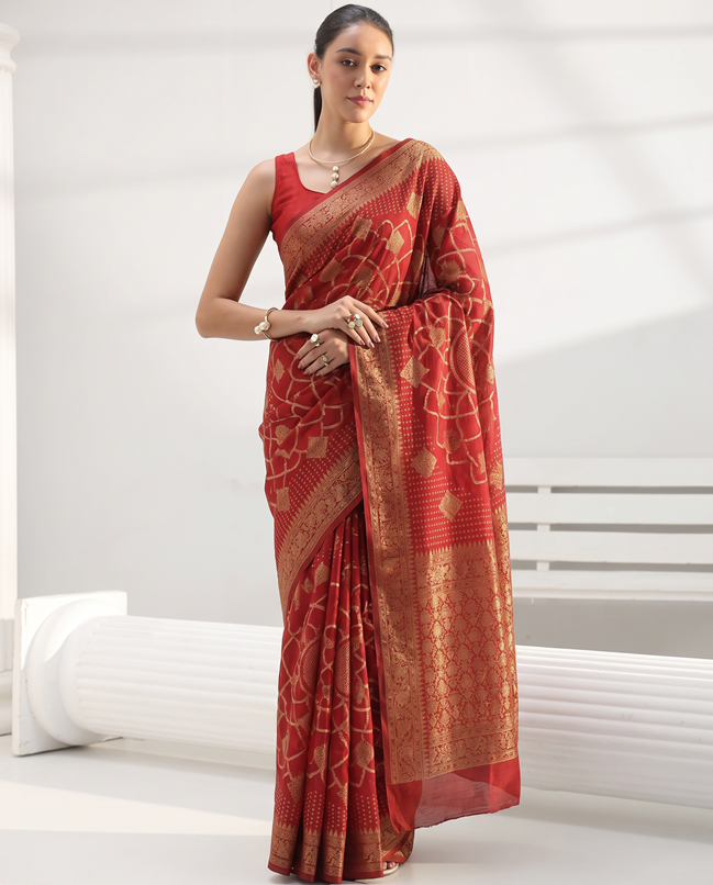 Golden Blood Red Saffee Cotton Weaving Saree