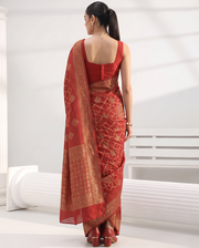Golden Blood Red Saffee Cotton Weaving Saree