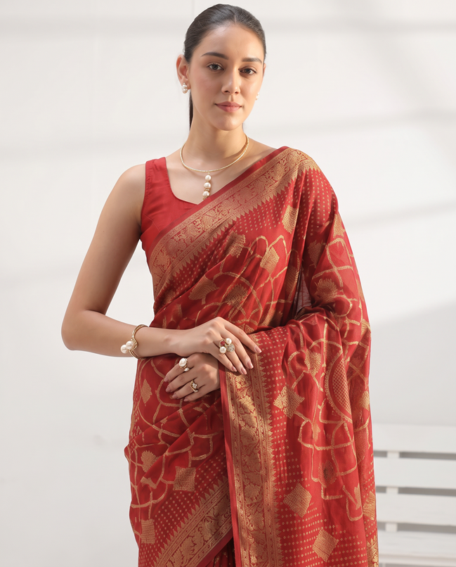 Golden Blood Red Saffee Cotton Weaving Saree