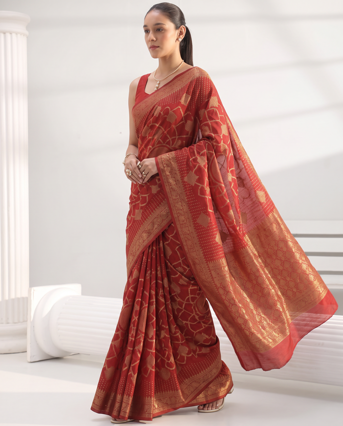 Golden Blood Red Saffee Cotton Weaving Saree