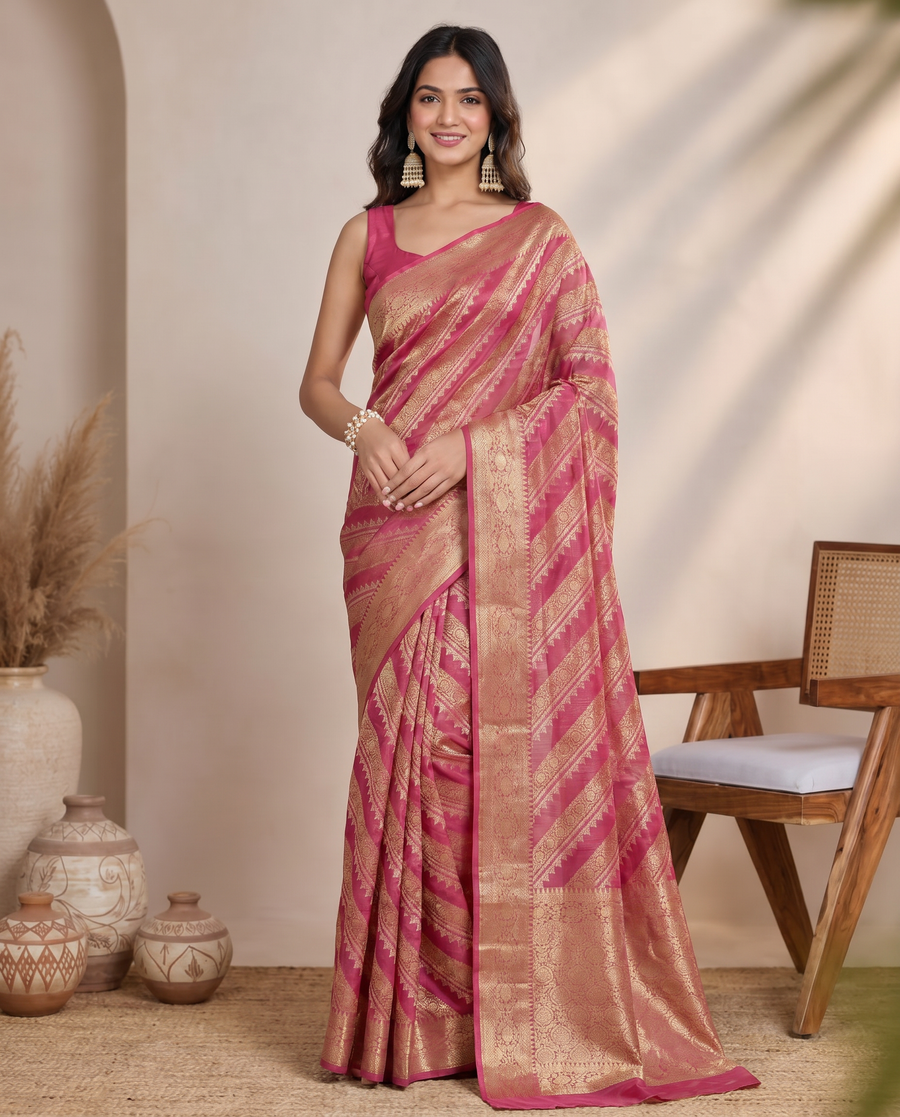 Golden Dark Pink Saffee Cotton Weaving Saree