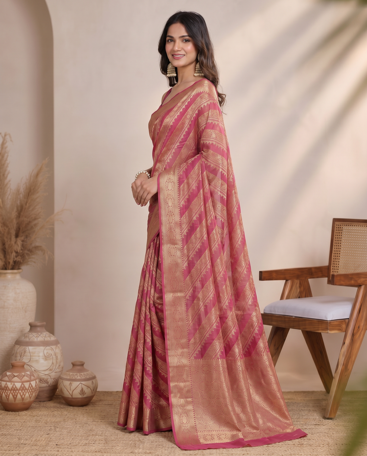Golden Dark Pink Saffee Cotton Weaving Saree
