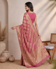 Golden Dark Pink Saffee Cotton Weaving Saree