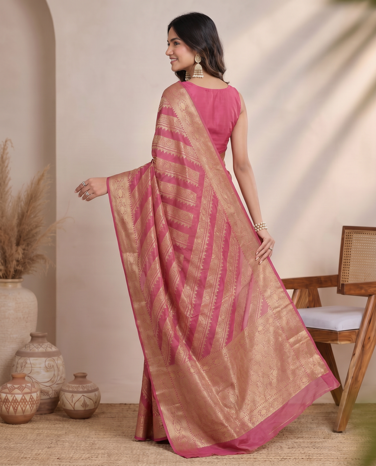 Golden Dark Pink Saffee Cotton Weaving Saree