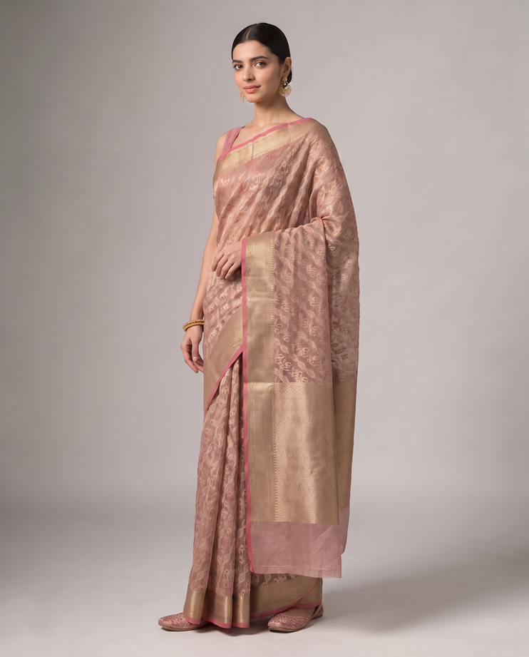 Golden Light Purple Saffee Cotton Weaving Saree with Woven pallu