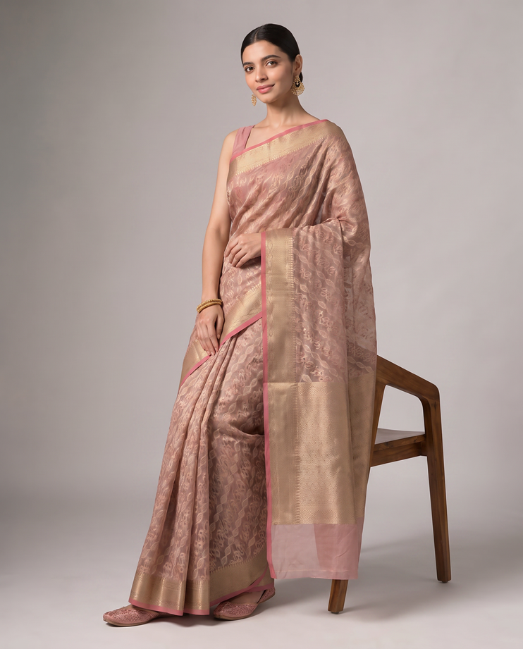 Golden Light Purple Saffee Cotton Weaving Saree with Woven pallu