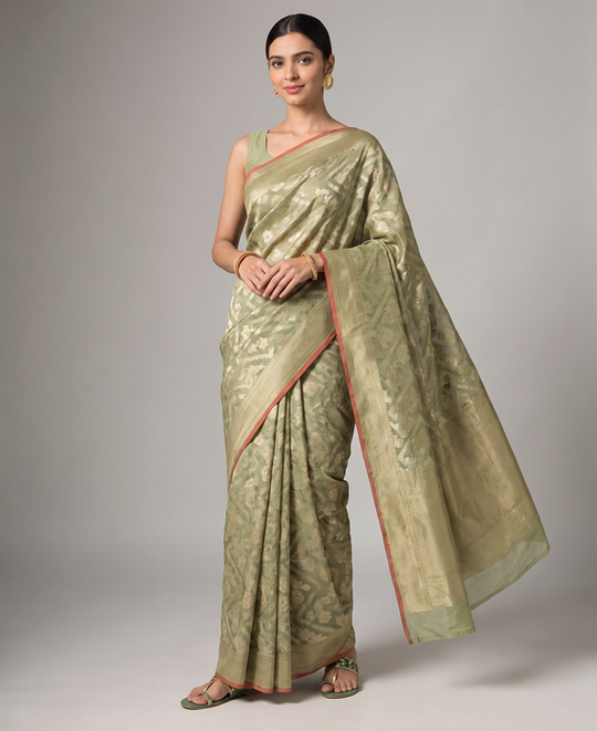 Golden Mehandi Green Saffee Cotton Weaving Saree with Woven pallu