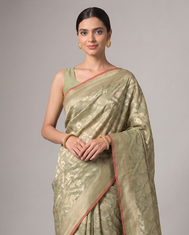 Golden Mehandi Green Saffee Cotton Weaving Saree with Woven pallu