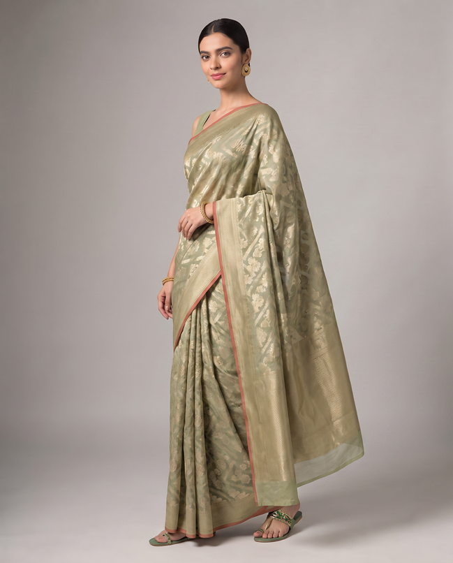 Golden Mehandi Green Saffee Cotton Weaving Saree with Woven pallu