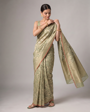 Golden Mehandi Green Saffee Cotton Weaving Saree with Woven pallu
