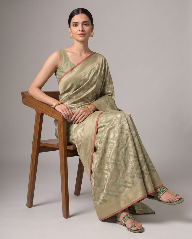 Golden Mehandi Green Saffee Cotton Weaving Saree with Woven pallu