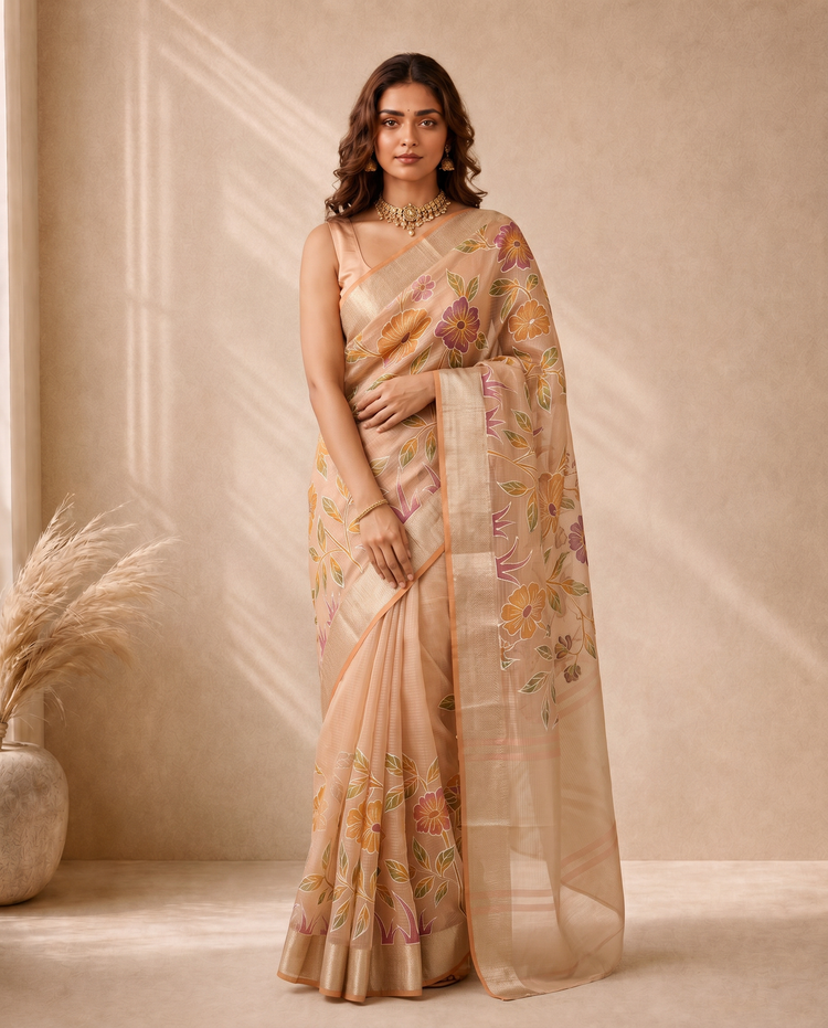Golden Orange Saffee Cotton Weaving Saree