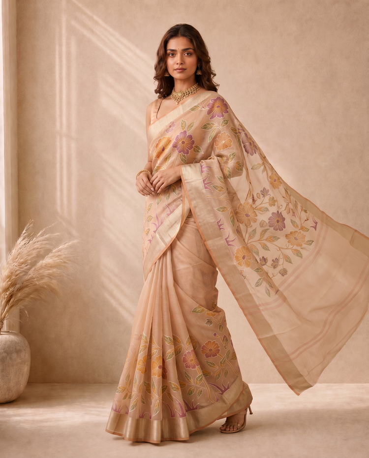 Golden Orange Saffee Cotton Weaving Saree