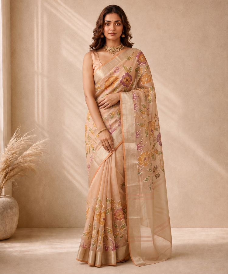 Golden Orange Saffee Cotton Weaving Saree