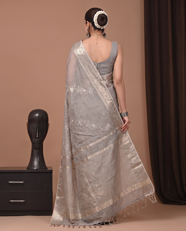 Golden Grey Linen Embroidered Saree