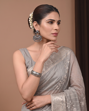 Golden Dark Grey Linen Embroidered Saree