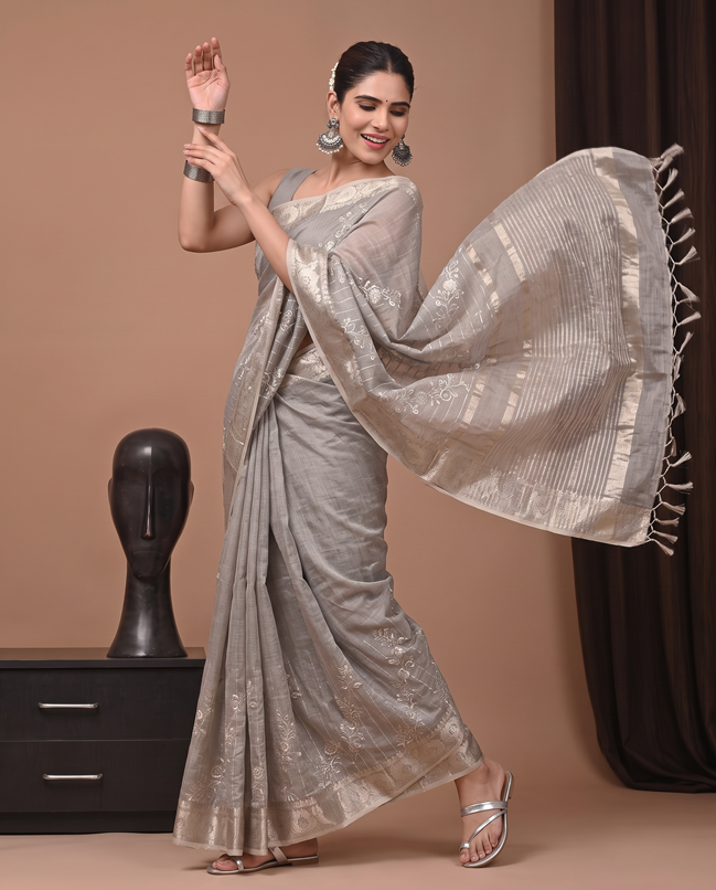 Golden Dark Grey Linen Embroidered Saree