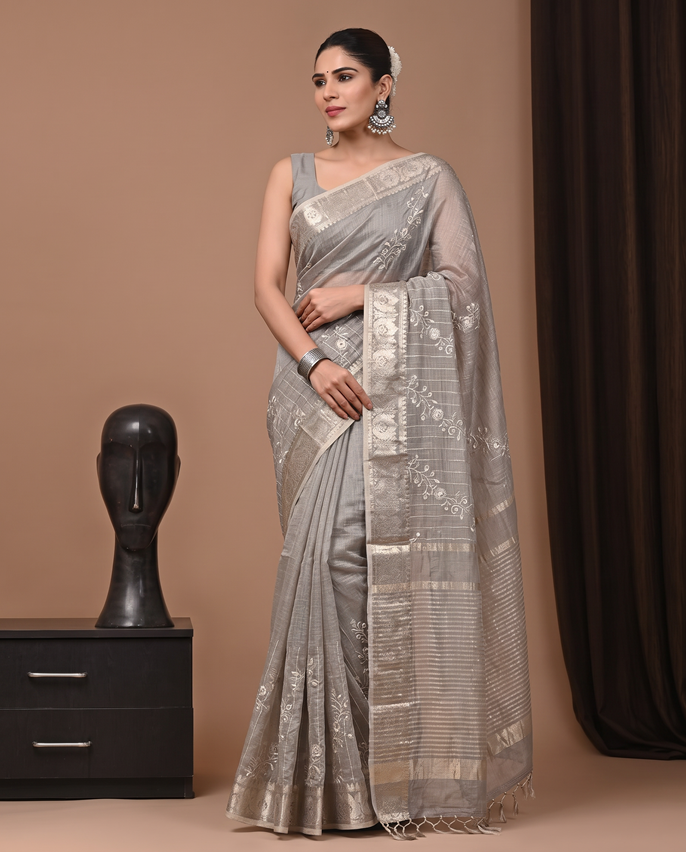 Golden Grey Linen Embroidered Saree