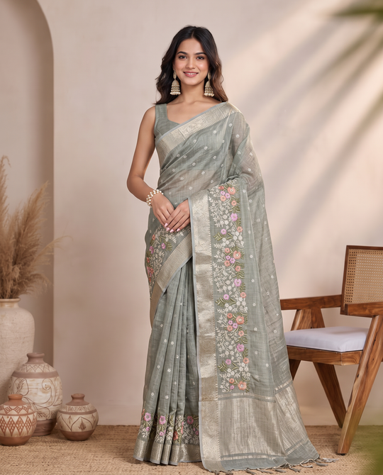 Golden Mehandi Green Floral Linen Embroidery Saree