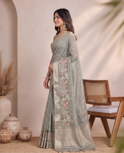 Golden Mehandi Green Floral Linen Embroidery Saree