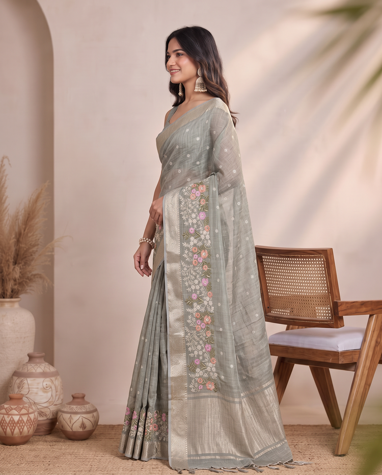 Golden Mehandi Green Floral Linen Embroidery Saree