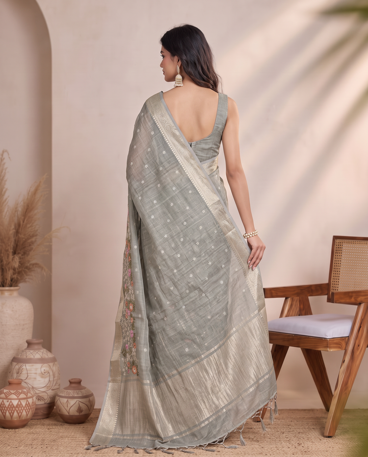 Golden Mehandi Green Floral Linen Embroidery Saree