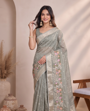 Golden Mehandi Green Floral Linen Embroidery Saree