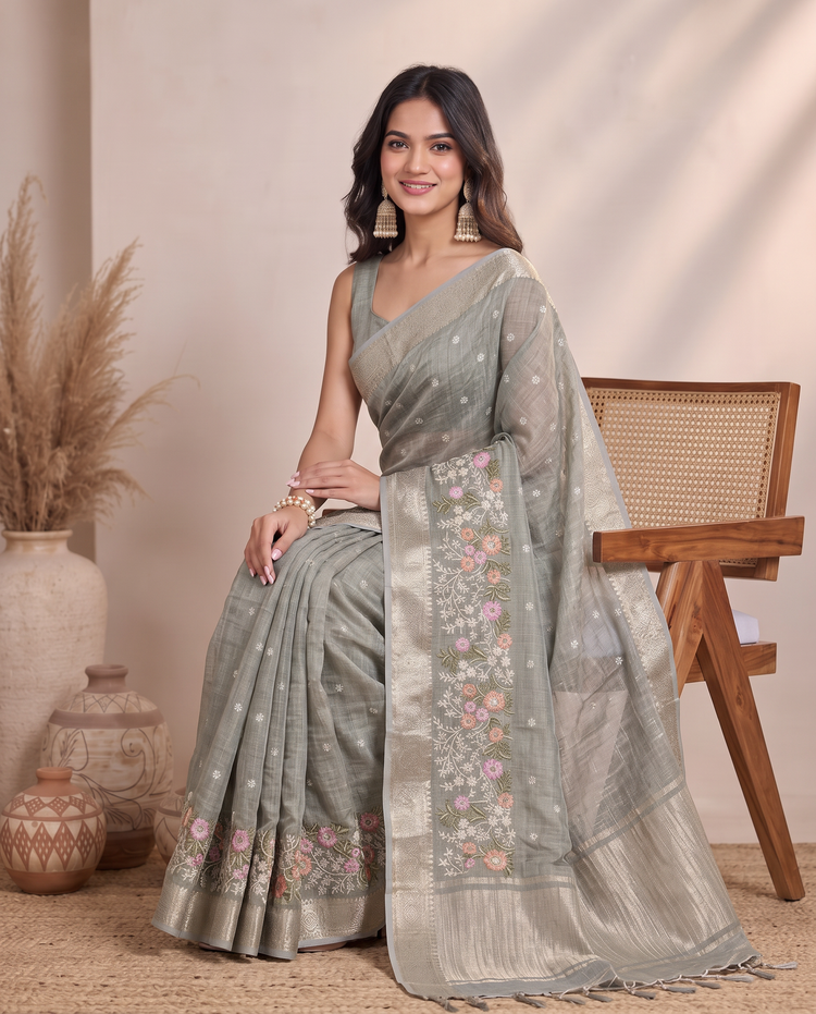 Golden Mehandi Green Floral Linen Embroidery Saree