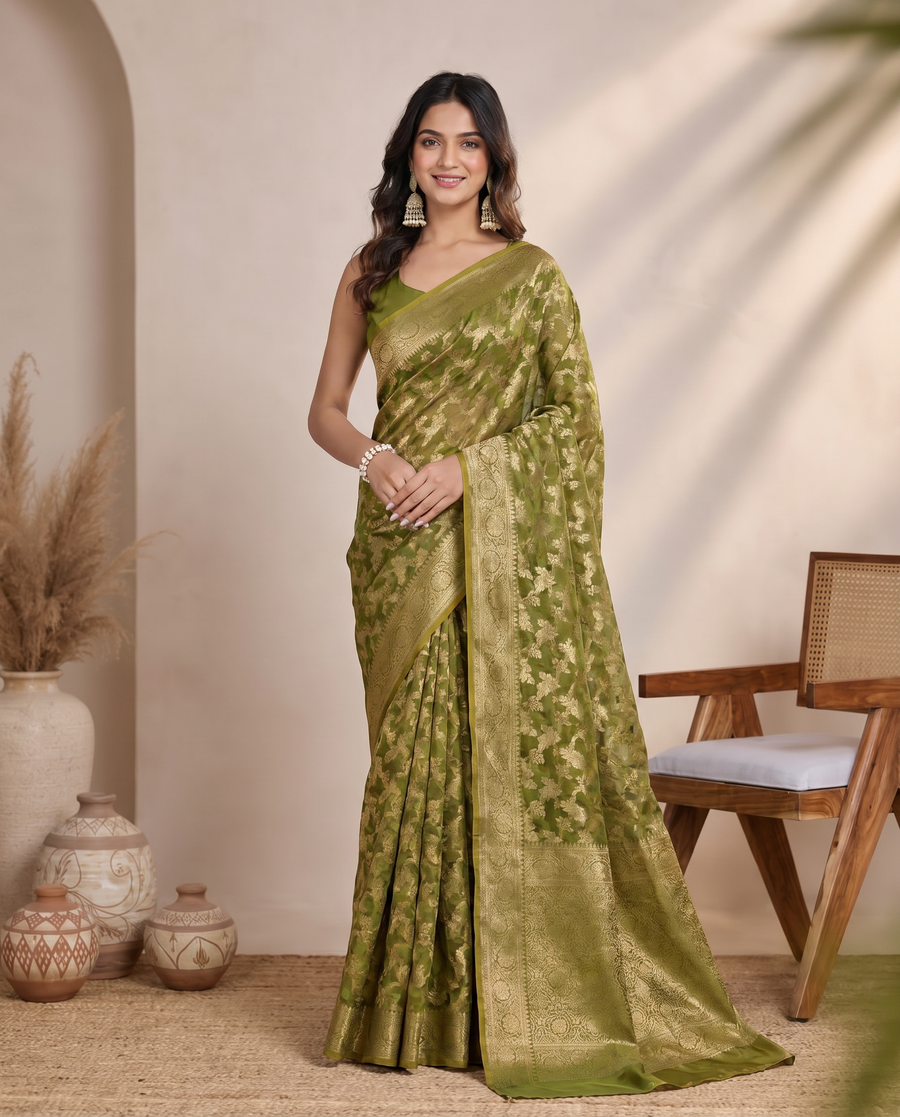 Golden Mehandi Green Cotton Lichi Silk Fancy Banarasi Jall Richpallu Heavy Blouse Saree