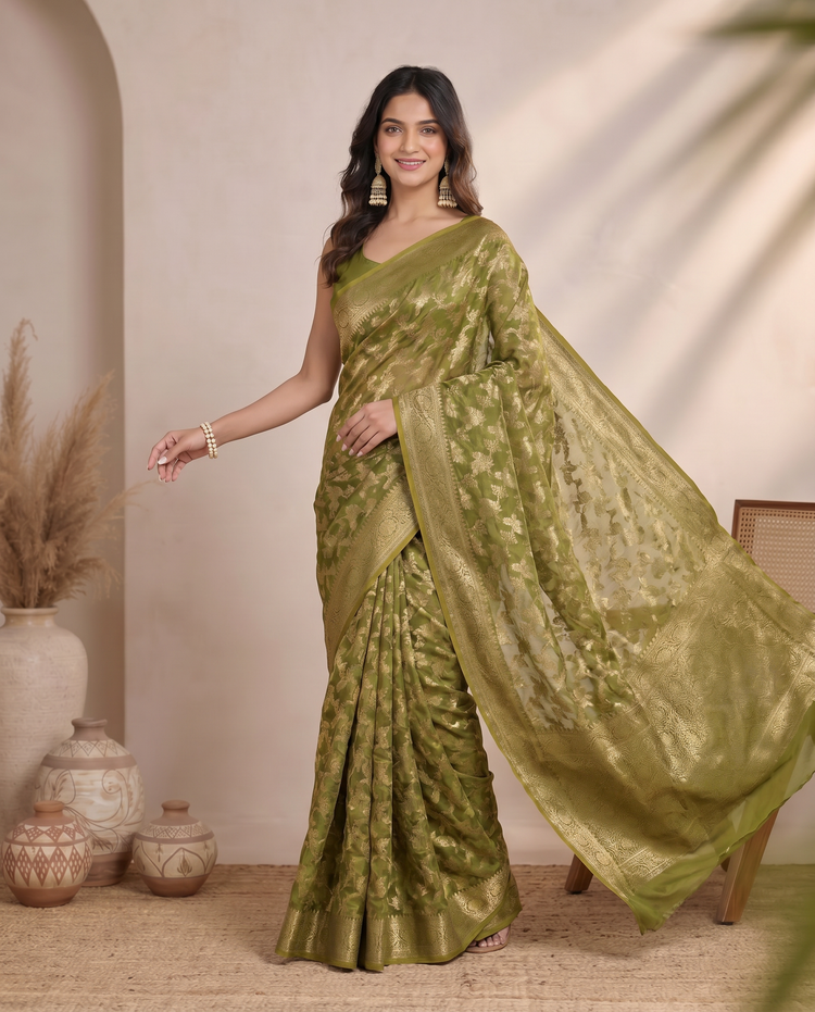 Golden Mehandi Green Linen Floral Zari Saree