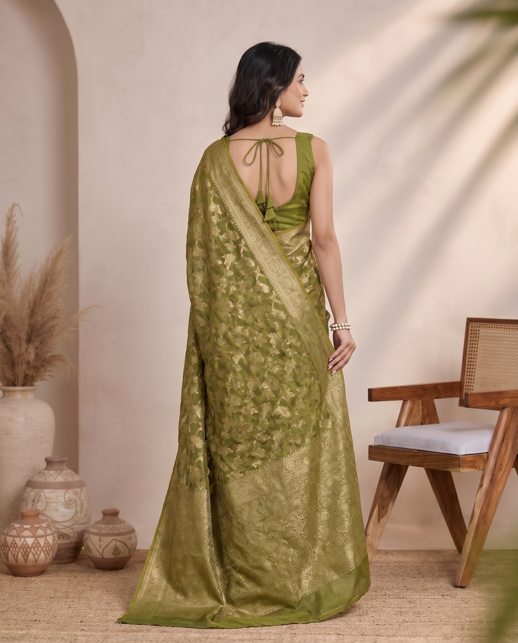 Golden Mehandi Green Linen Floral Zari Saree