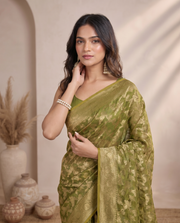 Golden Mehandi Green Linen Floral Zari Saree