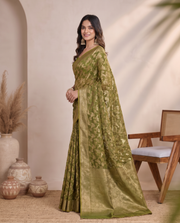 Golden Mehandi Green Linen Floral Zari Saree