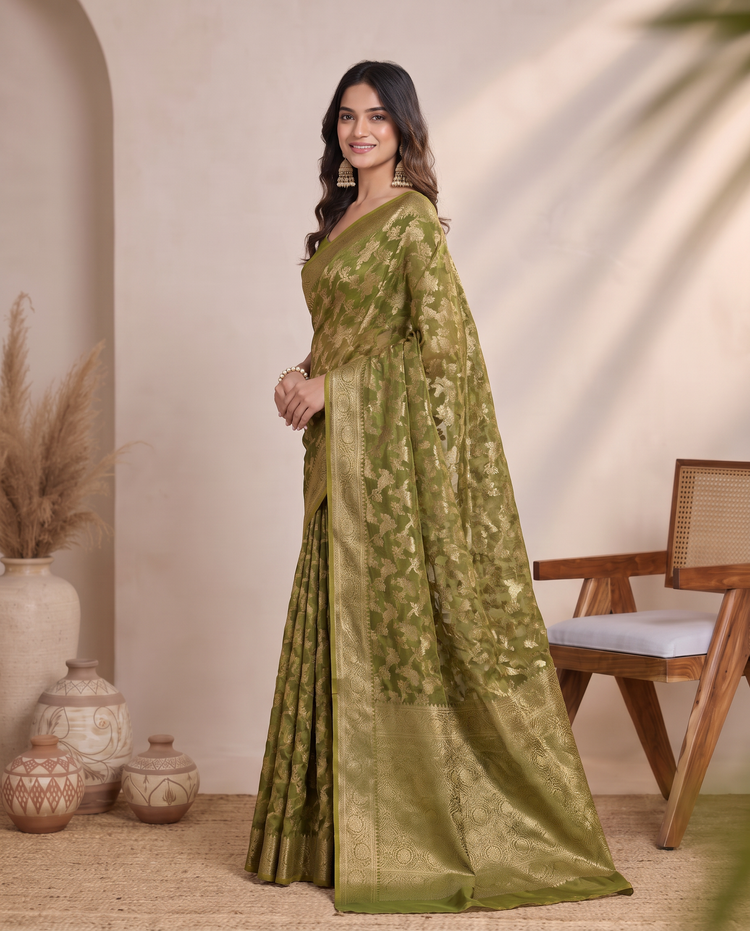Golden Mehandi Green Linen Floral Zari Saree